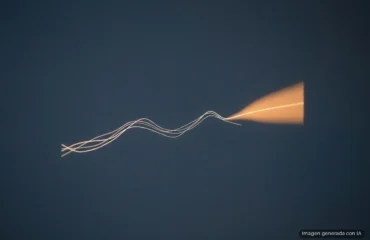 timestral-mistral Líneas finas y luminosas que ondulan sobre un fondo azul oscuro y terminan en un abanico naranja, como una gráfica con su previsión. Imagen generada con IA.