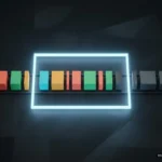 Una fila de bloques de colores de distintos anchos avanza por un raíl; los que están dentro de un marco de luz azul se ven encendidos y los que han salido por la derecha, grises. Imagen generada con IA.