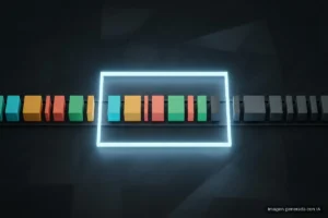 Una fila de bloques de colores de distintos anchos avanza por un raíl; los que están dentro de un marco de luz azul se ven encendidos y los que han salido por la derecha, grises. Imagen generada con IA.
