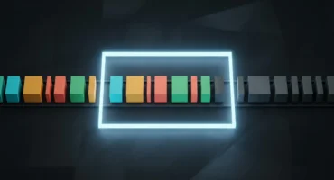 Una fila de bloques de colores de distintos anchos avanza por un raíl; los que están dentro de un marco de luz azul se ven encendidos y los que han salido por la derecha, grises. Imagen generada con IA.
