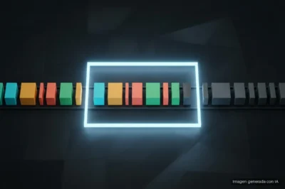 Una fila de bloques de colores de distintos anchos avanza por un raíl; los que están dentro de un marco de luz azul se ven encendidos y los que han salido por la derecha, grises. Imagen generada con IA.