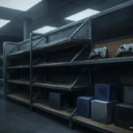 Estantería de una tienda casi vacía, con dos mandos de consola genéricos y unas pocas cajas lisas, bajo una luz fría. Imagen generada con IA.