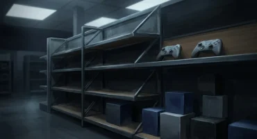 Estantería de una tienda casi vacía, con dos mandos de consola genéricos y unas pocas cajas lisas, bajo una luz fría. Imagen generada con IA.