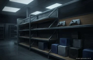 Estantería de una tienda casi vacía, con dos mandos de consola genéricos y unas pocas cajas lisas, bajo una luz fría. Imagen generada con IA.