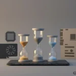 Tres relojes de arena de cristal con arena ámbar, gris y azul sobre una losa de pizarra, entre siluetas planas de una tarjeta gráfica, un chip y una placa base. Imagen generada con IA.