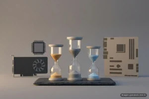 Tres relojes de arena de cristal con arena ámbar, gris y azul sobre una losa de pizarra, entre siluetas planas de una tarjeta gráfica, un chip y una placa base. Imagen generada con IA.