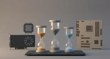 Tres relojes de arena de cristal con arena ámbar, gris y azul sobre una losa de pizarra, entre siluetas planas de una tarjeta gráfica, un chip y una placa base. Imagen generada con IA.