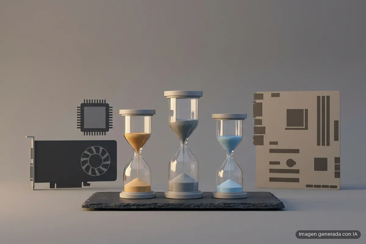 vida-util-real-disco-duro-ssd-memoria-usb Tres relojes de arena de cristal con arena ámbar, gris y azul sobre una losa de pizarra, entre siluetas planas de una tarjeta gráfica, un chip y una placa base. Imagen generada con IA.