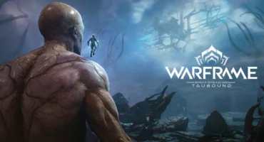 Arte oficial de Warframe Epoch Operation: Taubound: una criatura de espaldas mira una figura flotante y una estructura luminosa en un paisaje rocoso