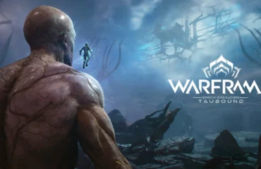 Arte oficial de Warframe Epoch Operation: Taubound: una criatura de espaldas mira una figura flotante y una estructura luminosa en un paisaje rocoso