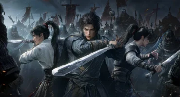 Arte de Where Winds Meet con tres espadachines con sus espadas ante un ejército con estandartes bajo la lluvia