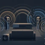 Salón en penumbra con sofá, cuatro altavoces de columna y un subwoofer sin marcas que emiten ondas de sonido, rotas en un lado. Imagen generada con IA.