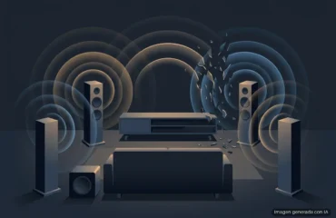 windows-11-audio-envolvente-fallo Salón en penumbra con sofá, cuatro altavoces de columna y un subwoofer sin marcas que emiten ondas de sonido, rotas en un lado. Imagen generada con IA.