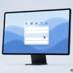 Monitor genérico con un escritorio azul de ondas y un menú desplegable de filas blancas con un cursor encima. Imagen generada con IA.