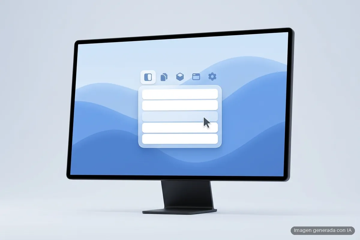 windows-11-menu-contextual-explorador Monitor genérico con un escritorio azul de ondas y un menú desplegable de filas blancas con un cursor encima. Imagen generada con IA.