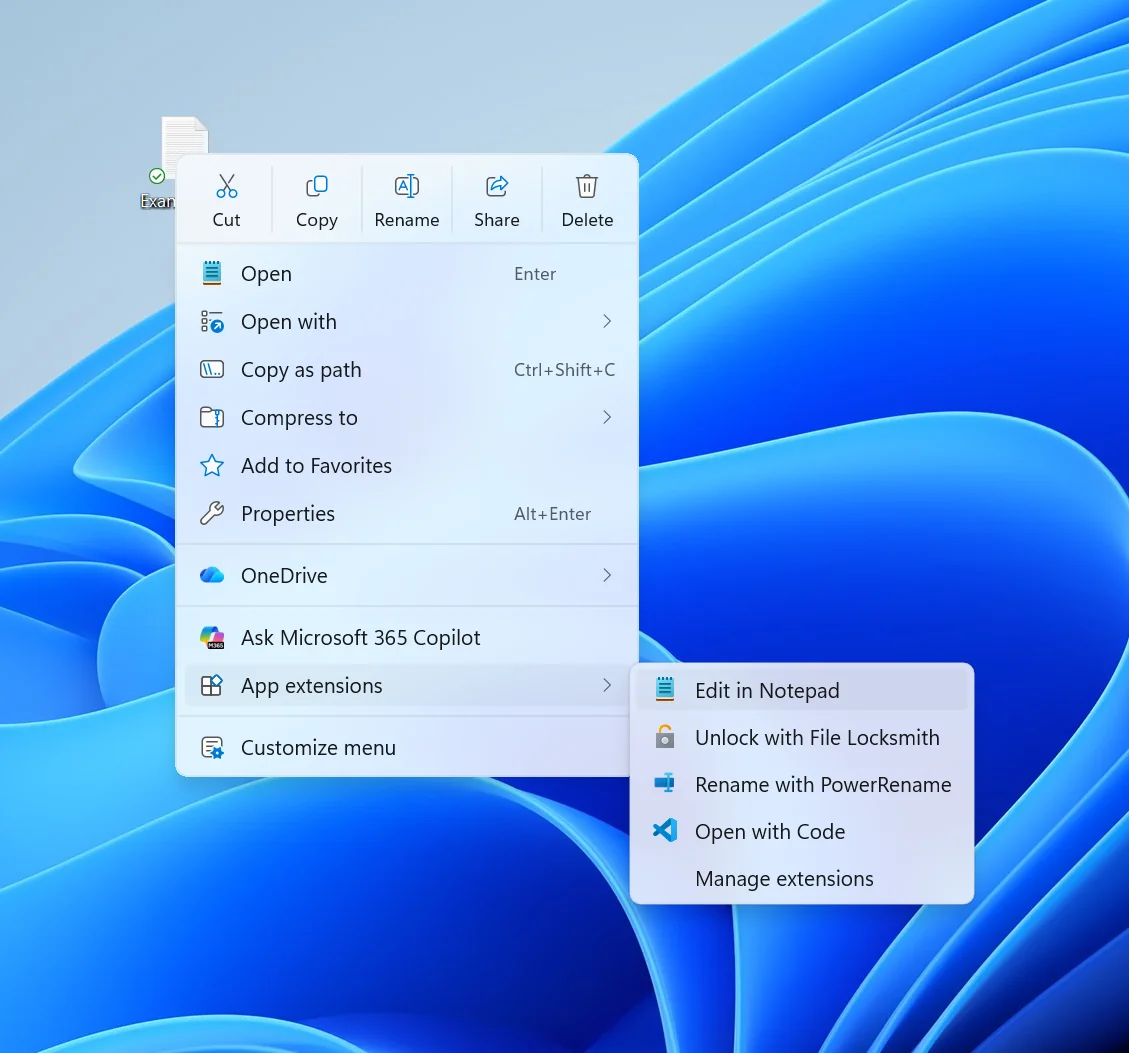 Nuevo menú contextual del Explorador de Windows 11 abierto sobre un archivo del escritorio, con cinco botones con icono arriba y el submenú de extensiones de aplicaciones desplegado