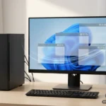 PC de sobremesa con torre y monitor sobre una mesa clara; en pantalla, ventanas translúcidas sobre ondas azules. Imagen generada con IA.
