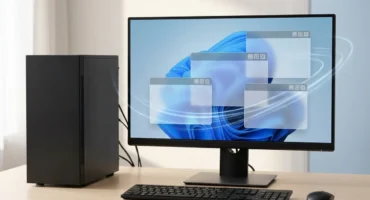 PC de sobremesa con torre y monitor sobre una mesa clara; en pantalla, ventanas translúcidas sobre ondas azules. Imagen generada con IA.