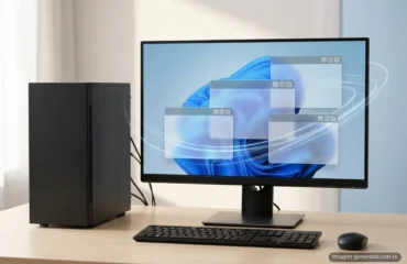 PC de sobremesa con torre y monitor sobre una mesa clara; en pantalla, ventanas translúcidas sobre ondas azules. Imagen generada con IA.
