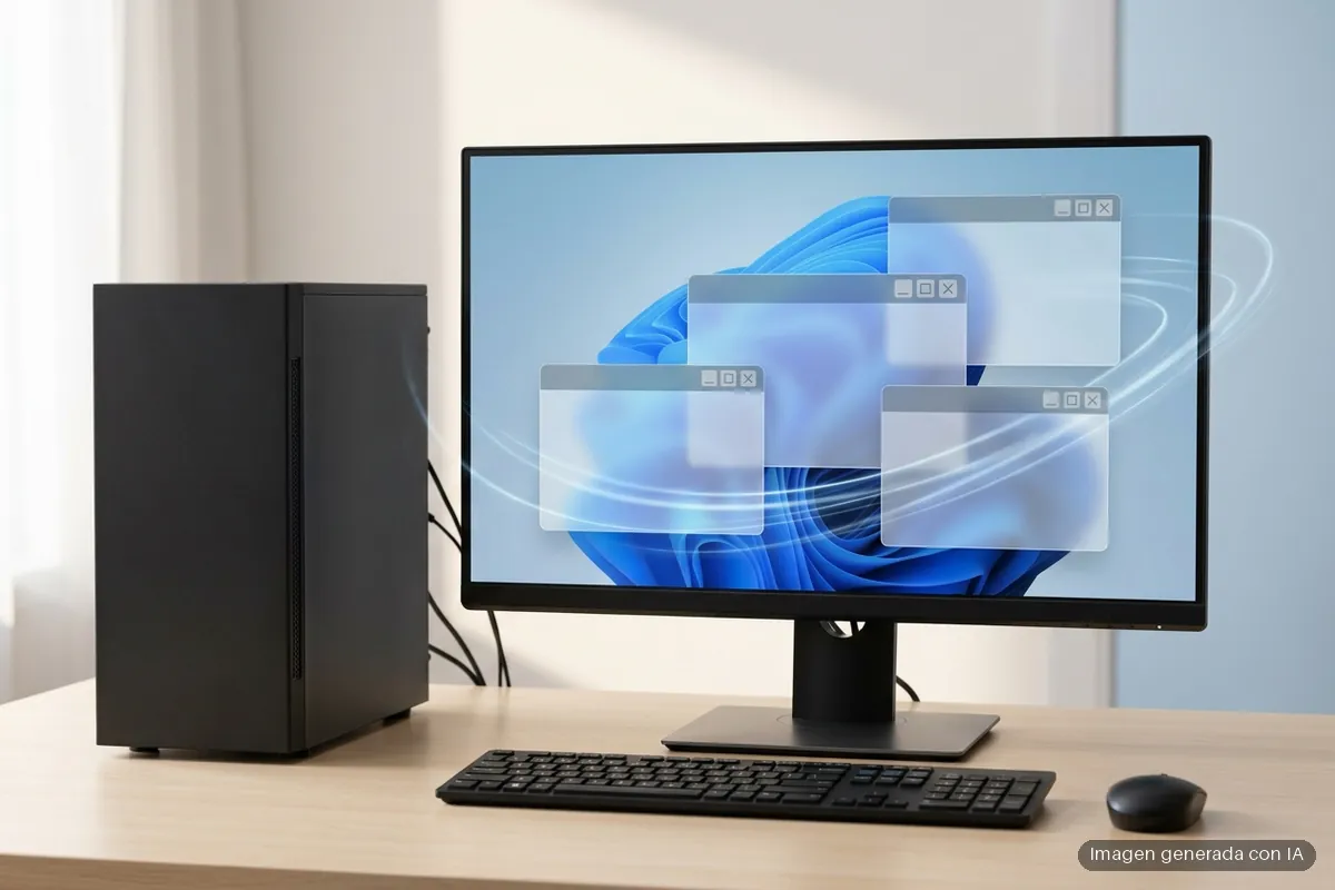 windows-11-sobremesa PC de sobremesa con torre y monitor sobre una mesa clara; en pantalla, ventanas translúcidas sobre ondas azules. Imagen generada con IA.
