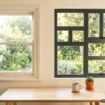 Un escritorio de madera clara con una taza de cerámica y una planta pequeña, en una habitación luminosa; al fondo, dos ventanas que dan a un jardín: a la izquierda, una antigua de guillotina con marco blanco y, a la derecha, una moderna de aluminio oscuro dividida en varias hojas. Imagen generada con IA.