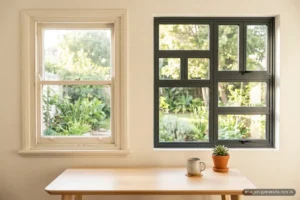 Un escritorio de madera clara con una taza de cerámica y una planta pequeña, en una habitación luminosa; al fondo, dos ventanas que dan a un jardín: a la izquierda, una antigua de guillotina con marco blanco y, a la derecha, una moderna de aluminio oscuro dividida en varias hojas. Imagen generada con IA.