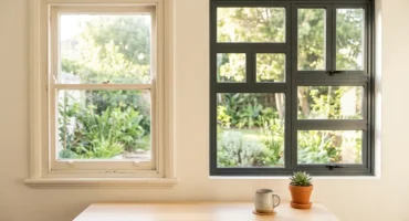 Un escritorio de madera clara con una taza de cerámica y una planta pequeña, en una habitación luminosa; al fondo, dos ventanas que dan a un jardín: a la izquierda, una antigua de guillotina con marco blanco y, a la derecha, una moderna de aluminio oscuro dividida en varias hojas. Imagen generada con IA.