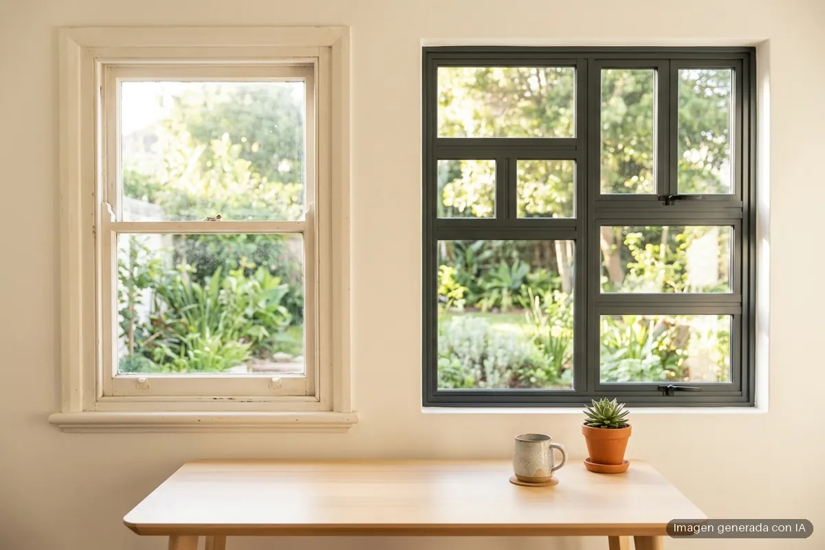 windows-terminal-powershell-que-cambia-consola-clasica-1 Un escritorio de madera clara con una taza de cerámica y una planta pequeña, en una habitación luminosa; al fondo, dos ventanas que dan a un jardín: a la izquierda, una antigua de guillotina con marco blanco y, a la derecha, una moderna de aluminio oscuro dividida en varias hojas. Imagen generada con IA.