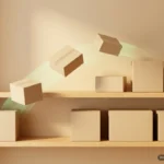 Cajas de cartón lisas, sin etiquetas, se colocan solas en las baldas de una estantería de madera clara; tres de ellas vuelan en arco hacia su hueco dejando una leve estela de luz verde. Imagen generada con IA.