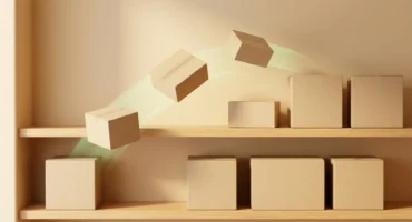 Cajas de cartón lisas, sin etiquetas, se colocan solas en las baldas de una estantería de madera clara; tres de ellas vuelan en arco hacia su hueco dejando una leve estela de luz verde. Imagen generada con IA.