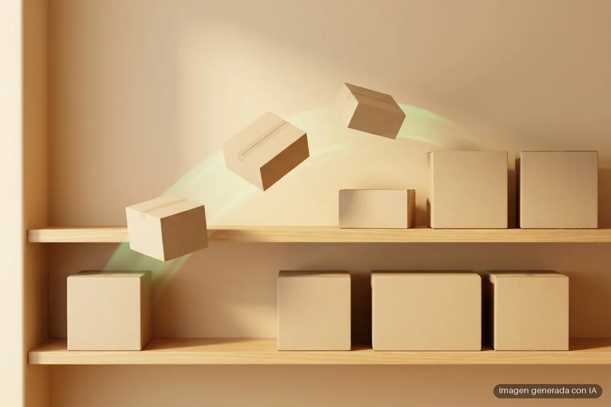 winget-instalar-actualizar-programas-linea-de-comandos Cajas de cartón lisas, sin etiquetas, se colocan solas en las baldas de una estantería de madera clara; tres de ellas vuelan en arco hacia su hueco dejando una leve estela de luz verde. Imagen generada con IA.