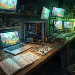 Mesa de laboratorio con un portátil, una torre de PC abierta, una placa de pruebas con cables y un cuaderno de bocetos. Imagen generada con IA.