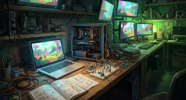 Mesa de laboratorio con un portátil, una torre de PC abierta, una placa de pruebas con cables y un cuaderno de bocetos. Imagen generada con IA.