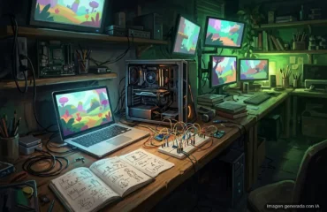 Mesa de laboratorio con un portátil, una torre de PC abierta, una placa de pruebas con cables y un cuaderno de bocetos. Imagen generada con IA.