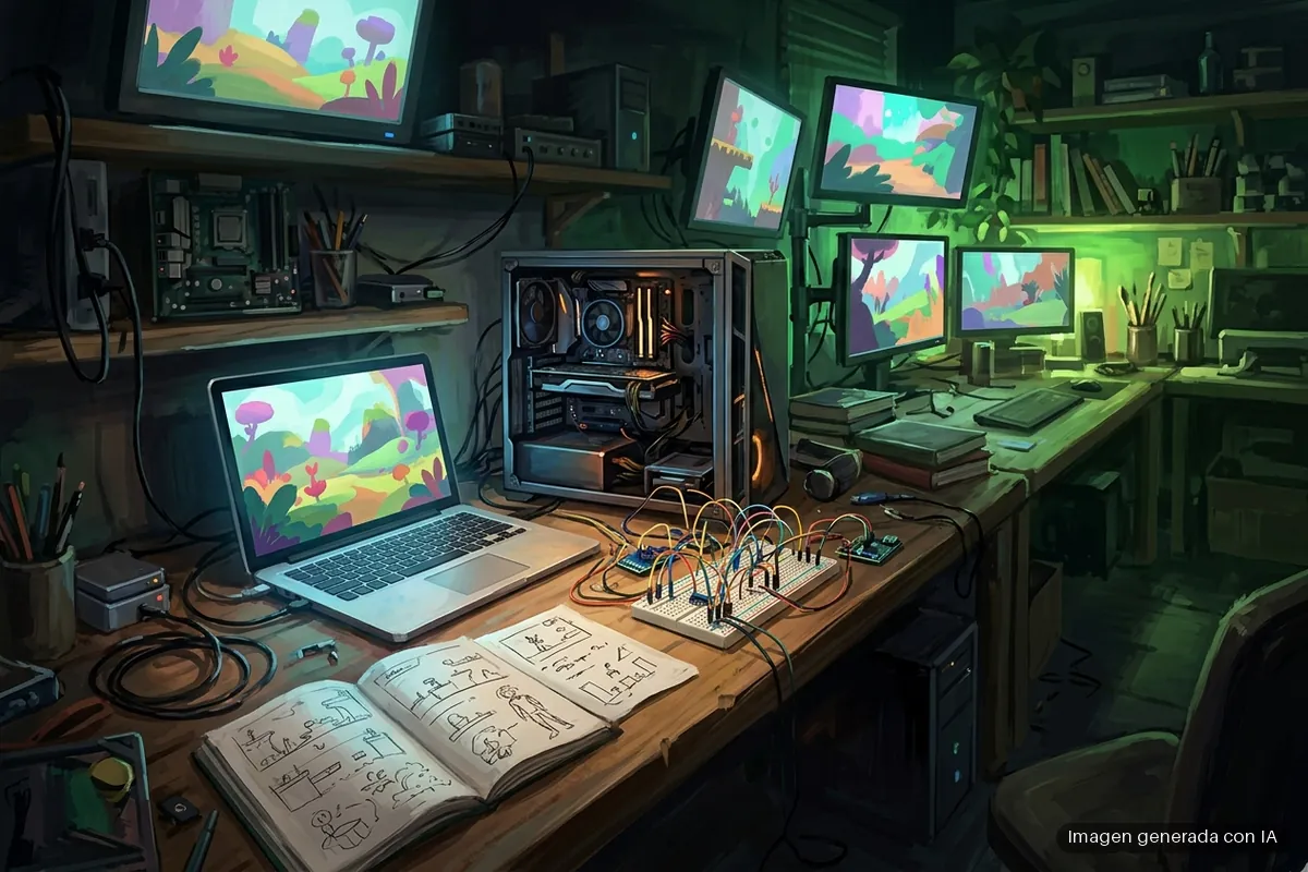 xbox-labs Mesa de laboratorio con un portátil, una torre de PC abierta, una placa de pruebas con cables y un cuaderno de bocetos. Imagen generada con IA.