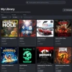 Captura oficial de la biblioteca de Xodus Nexus con datos de ejemplo: barra lateral a la izquierda y cuadrícula de carátulas de juegos de PC instalados