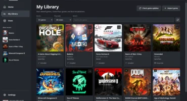 Captura oficial de la biblioteca de Xodus Nexus con datos de ejemplo: barra lateral a la izquierda y cuadrícula de carátulas de juegos de PC instalados