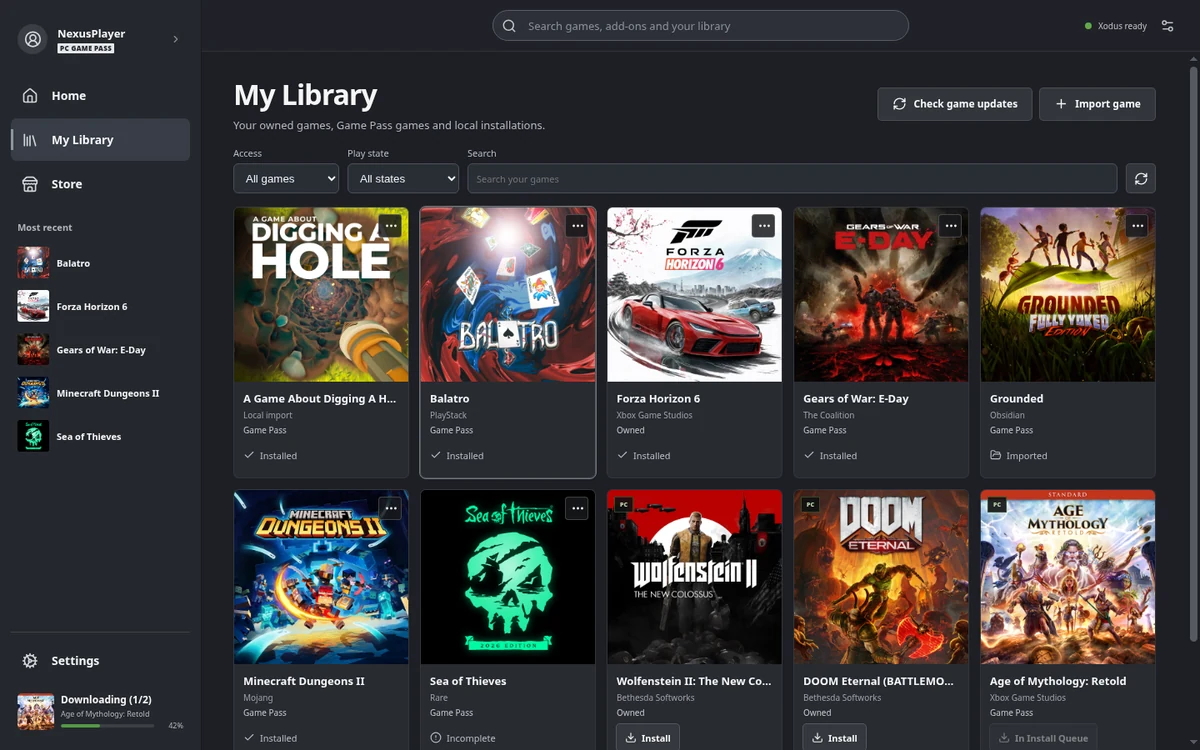xodus-nexus-biblioteca Captura oficial de la biblioteca de Xodus Nexus con datos de ejemplo: barra lateral a la izquierda y cuadrícula de carátulas de juegos de PC instalados