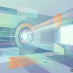 Composición abstracta de ventanas translúcidas con un diafragma de cámara en el centro y un haz de luz que se proyecta hacia un panel. Imagen generada con IA.